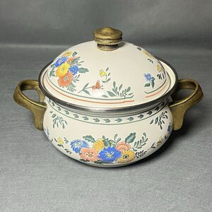 Vintage Kamenstein Dutch Oven W/Lid Enamel & Brass Cookware Floral 2 Quart Pot